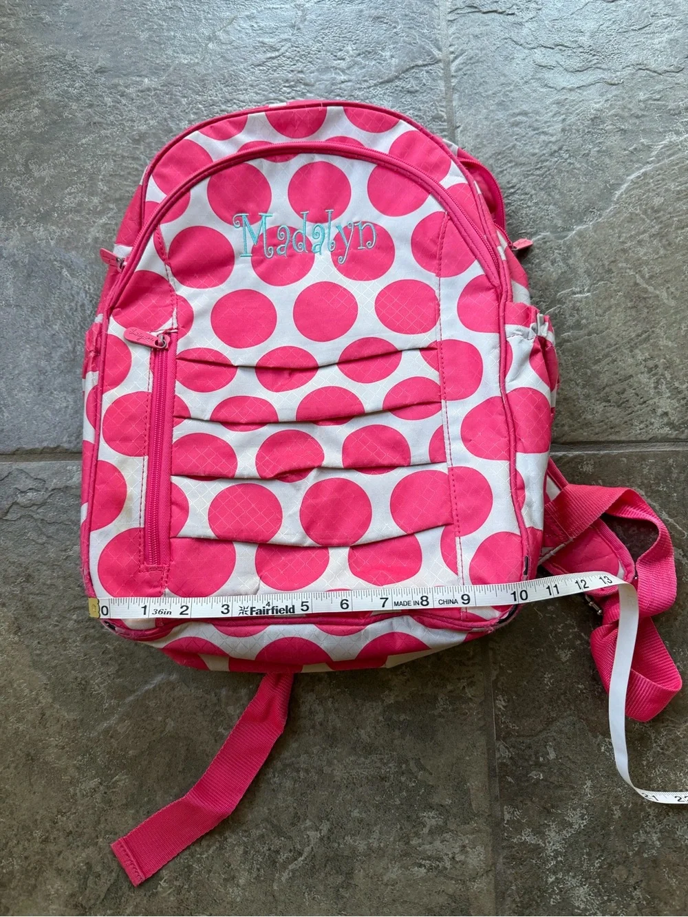 Thirty-One Her Deluxe Backpack Mod Coral Pink Polka Dot Bookbag Monogram Madalyn